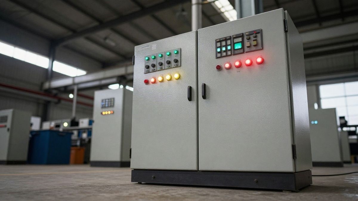 Imagen ilustrativa: ángulo bajo a ras de suelo de un panel de control industrial con luces parpadeantes y fondo de fábrica desenfocado