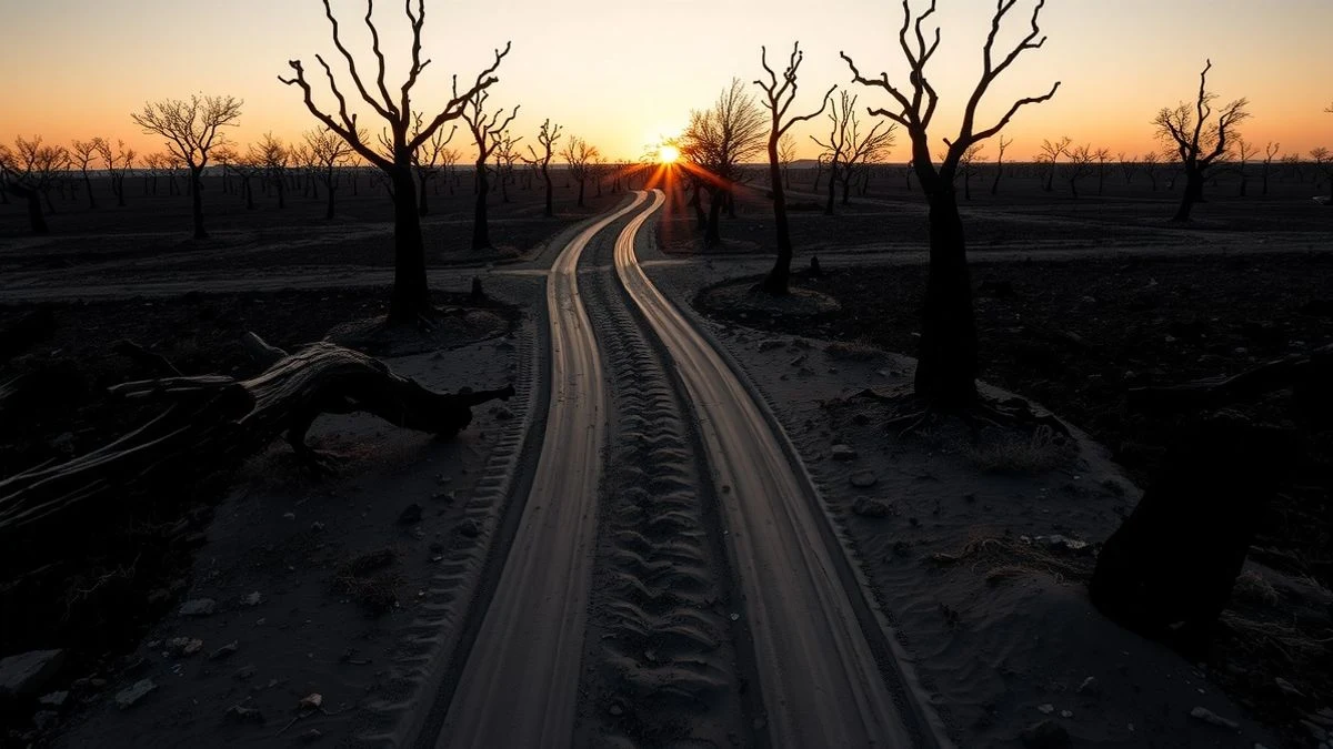 Imagen ilustrativa: paisaje de dehesa quemada con árboles calcinados y tierra ennegrecida al atardecer