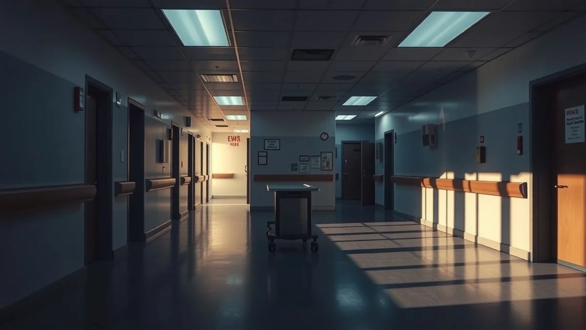 Imagen ilustrativa: un pasillo vacío de urgencias hospitalarias al atardecer, con sombras alargadas y luces tenues.