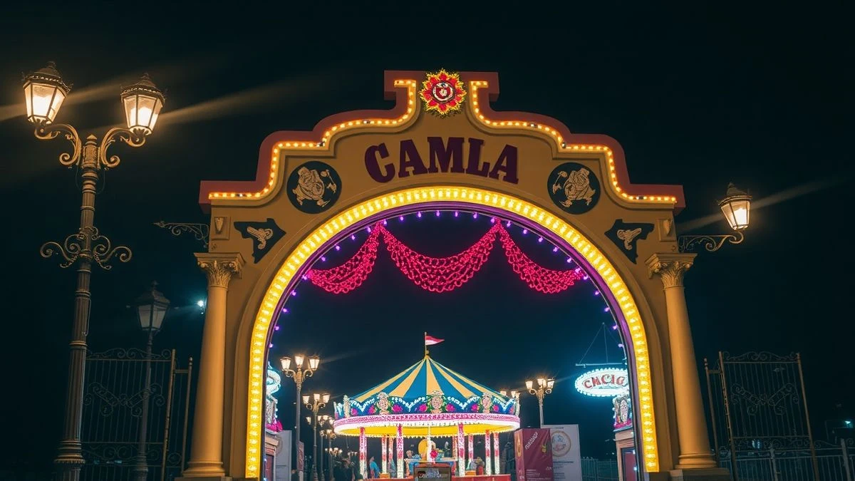 Imagen ilustrativa: entrada iluminada de un recinto ferial nocturno con arco decorativo y luces de colores, ambiente festivo con personas al fondo desenfocadas.