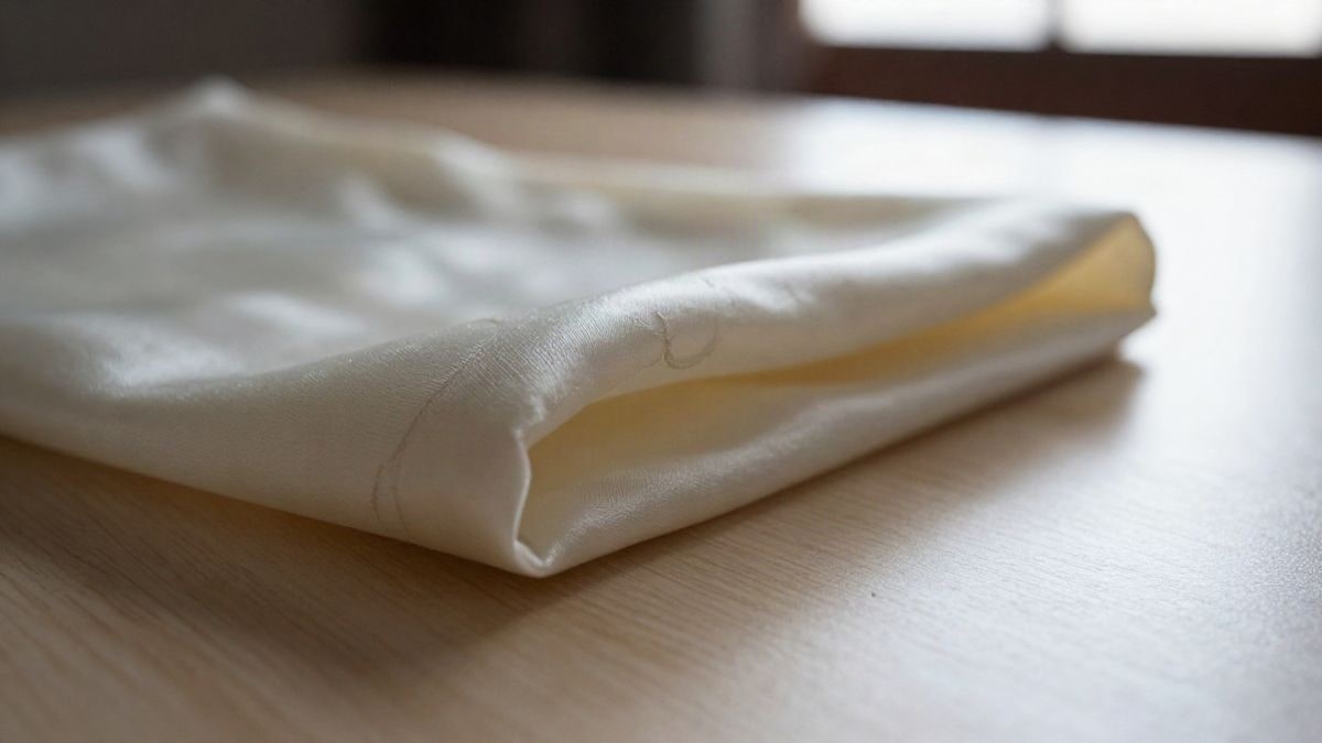 Imagen ilustrativa: primer plano de una tela de seda doblada con un bordado fino sobre una mesa de madera clara