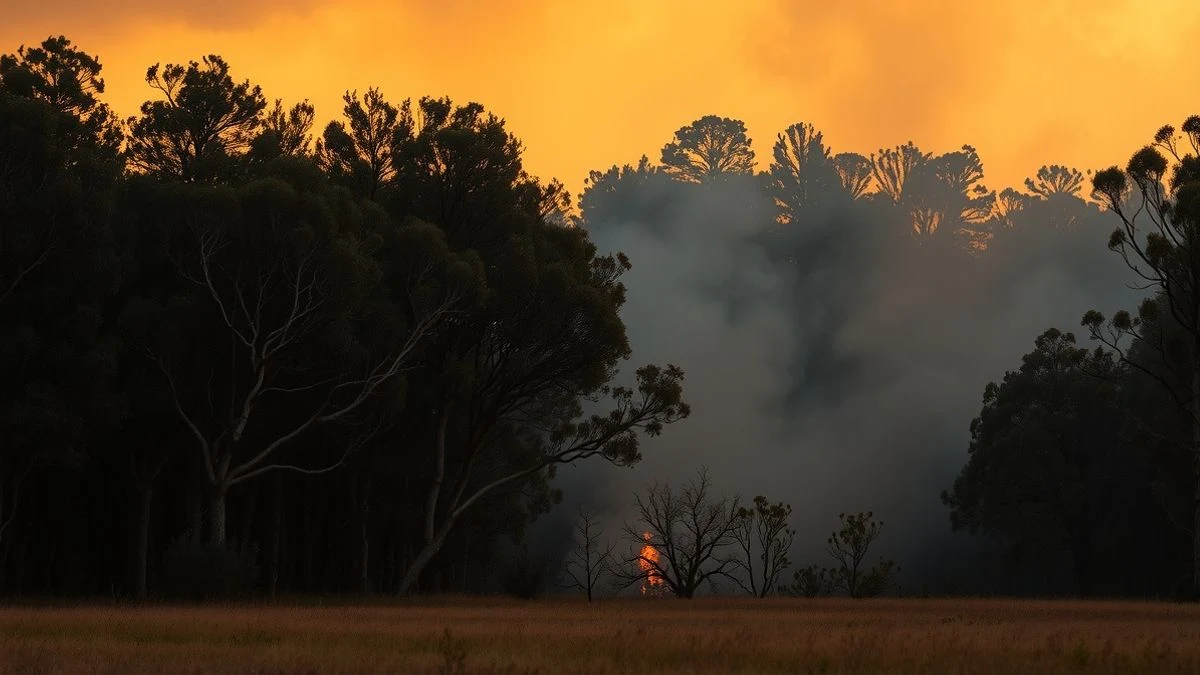 Imagen ilustrativa: un incendio forestal en una zona de eucaliptos al atardecer, con humo y llamas visibles.