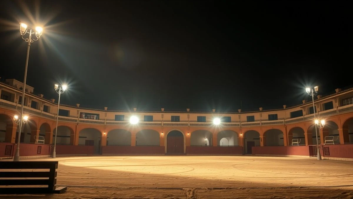 Imagen ilustrativa: una plaza de toros española de noche, iluminada por focos y farolas, con el ruedo vacío y las barreras de madera en primer plano.