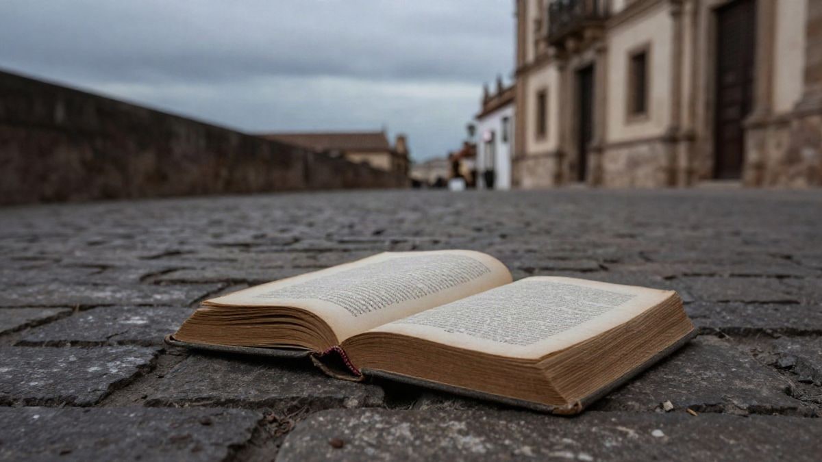 Imagen ilustrativa: novelas policiacas antiguas sobre el suelo empedrado, con un ángulo bajo y el cielo al atardecer de fondo