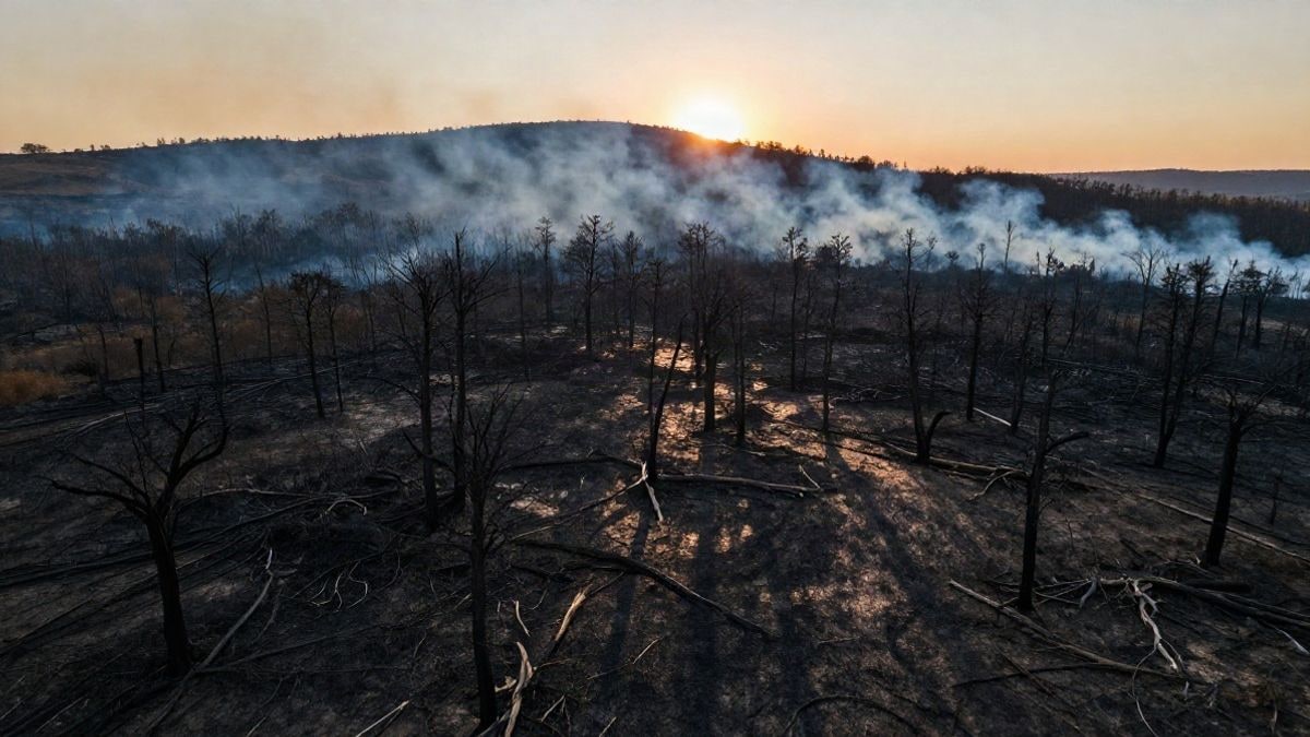 Imagen ilustrativa: un paisaje forestal quemado con árboles calcinados y humo al fondo, al atardecer.