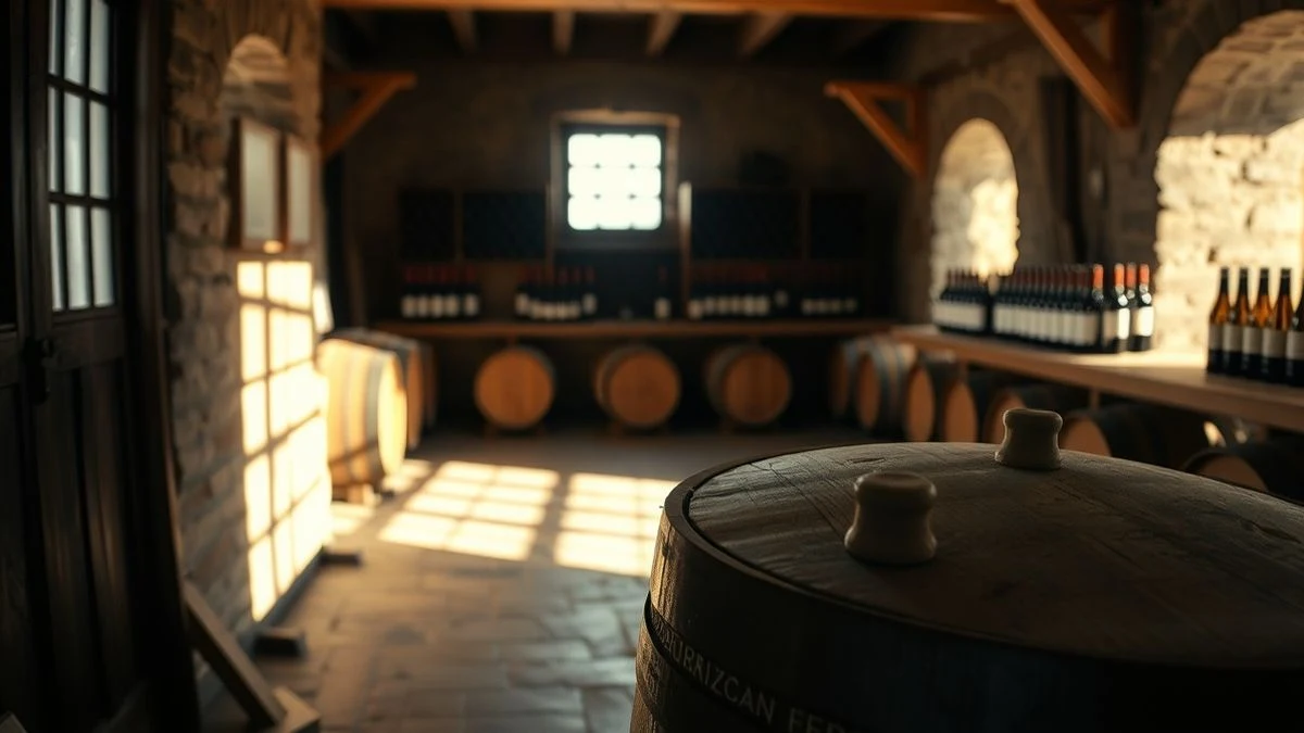 Interior de una bodega con un barril de madera iluminado por luz lateral de ventana