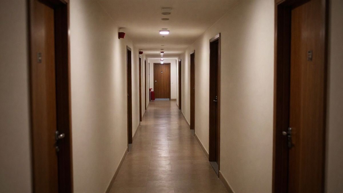 Imagen ilustrativa: pasillo de hotel iluminado tenuemente de noche, con puertas en perspectiva