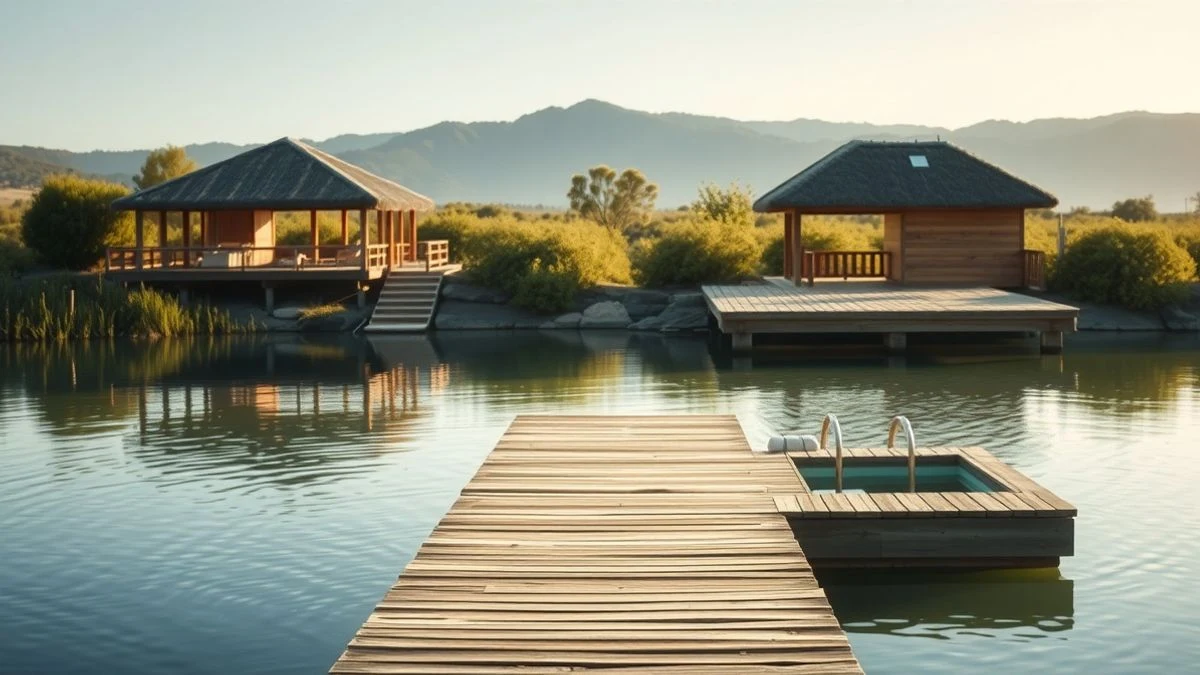 Plataforma flotante con piscinas en el embalse de Odeleite, con vegetación y chiringuito de madera al fondo.