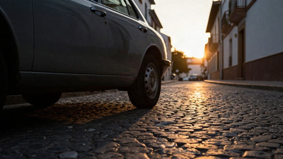 Imagen ilustrativa: un coche clásico aparcado en una calle empedrada al atardecer, con sombras alargadas