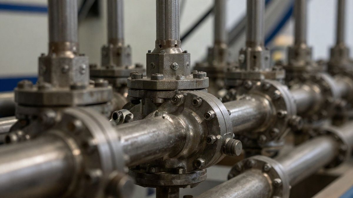 Imagen ilustrativa: primer plano de equipos industriales de electrólisis con tuberías y válvulas metálicas