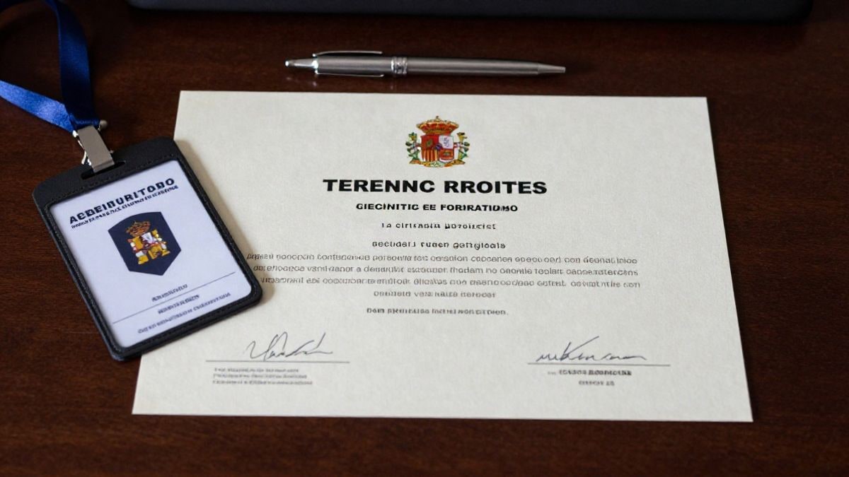 Imagen ilustrativa: vista cenital de un escritorio con un diploma de certificación y una plantilla de credencial