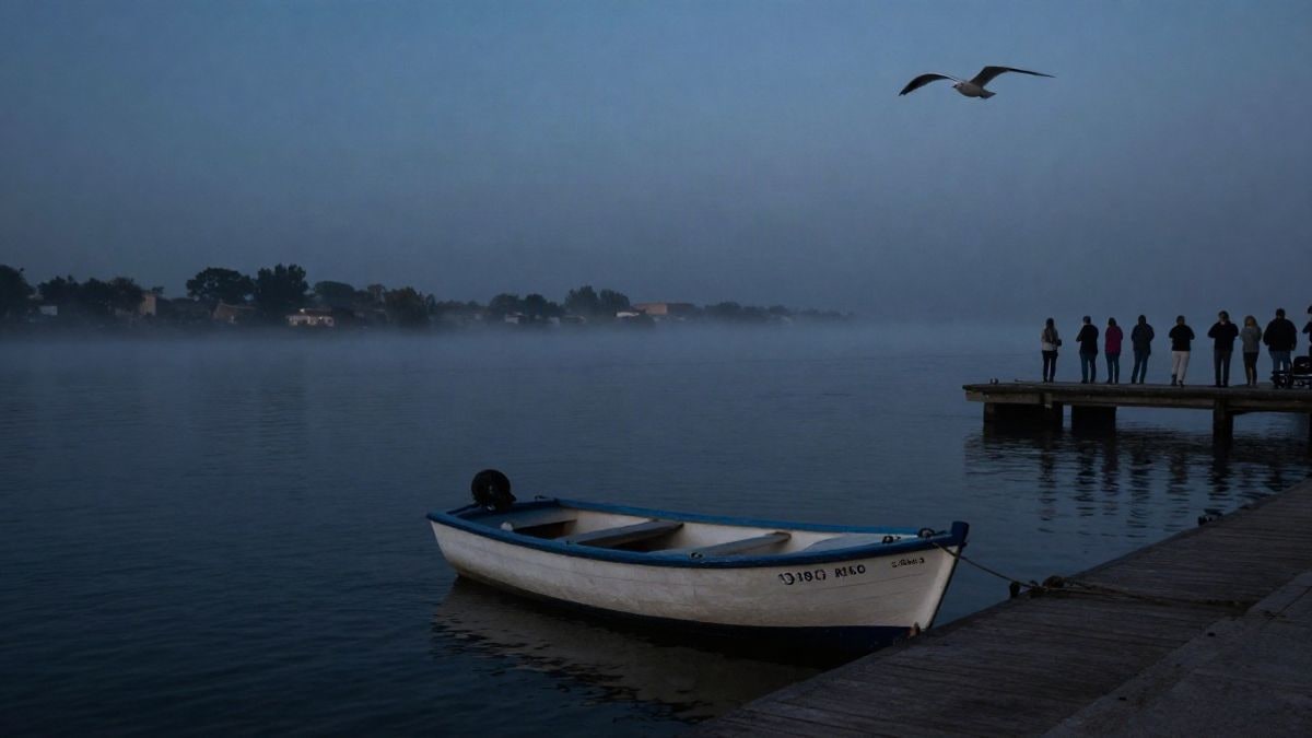 Imagen ilustrativa: un puerto fluvial vacío al amanecer con una pequeña barca atada a un embarcadero de madera y niebla sobre el agua.