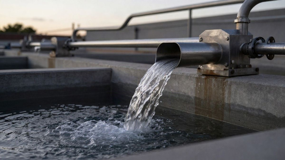 Imagen ilustrativa: detalle de una instalación de depuración de aguas con agua fluyendo sobre superficies de acero y hormigón.