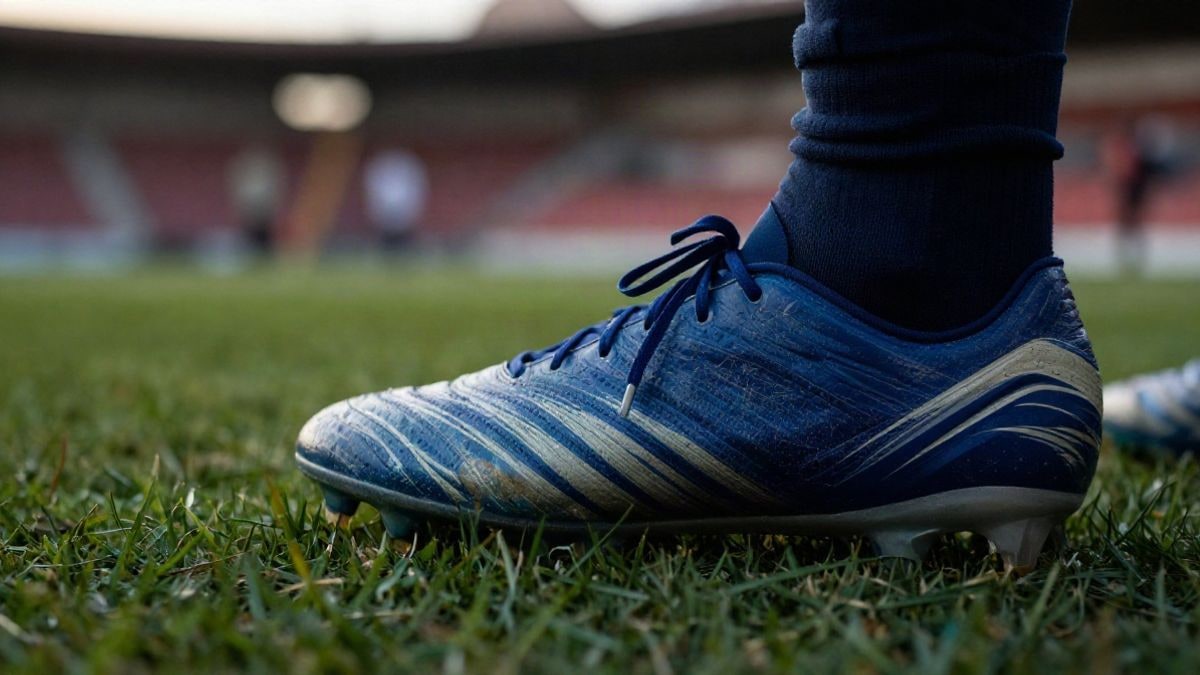 Imagen ilustrativa: primer plano de una bota de fútbol sobre el césped con luz de tarde