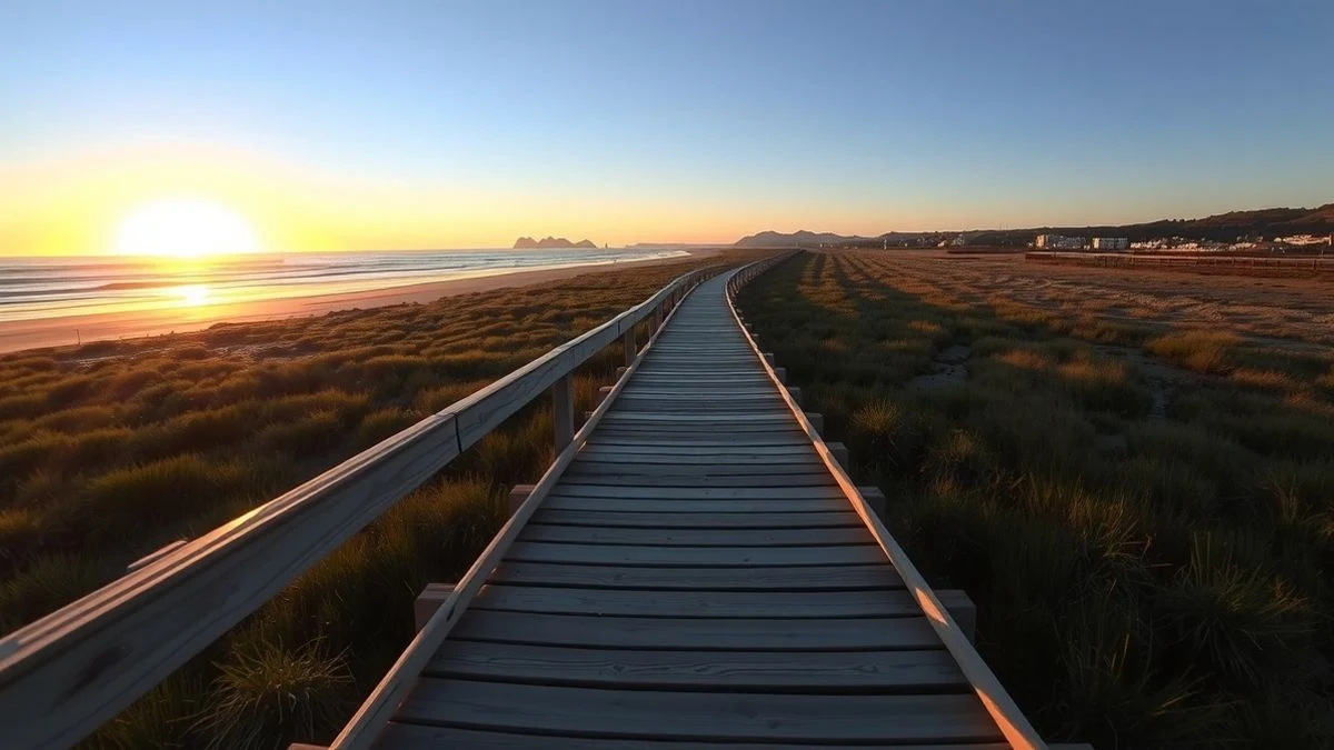 Imagen ilustrativa: un largo puente de madera sobre una marisma que conduce a una playa de arena con tres orillas, al atardecer.