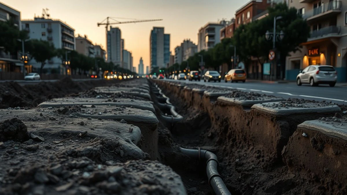 Imagen ilustrativa: obras de saneamiento en una avenida urbana al atardecer, con tuberías y pavimento levantado.