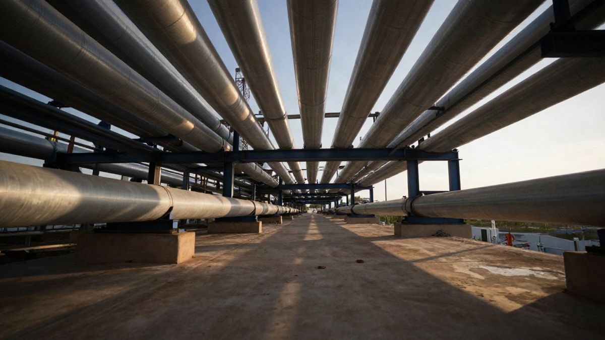 Imagen ilustrativa: tuberías y estructuras metálicas de una planta energética en construcción al atardecer