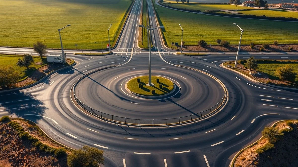 Imagen ilustrativa: vista aérea de una glorieta recién construida en una carretera rural, con cuatro ramales y luminarias LED, rodeada de campos verdes.