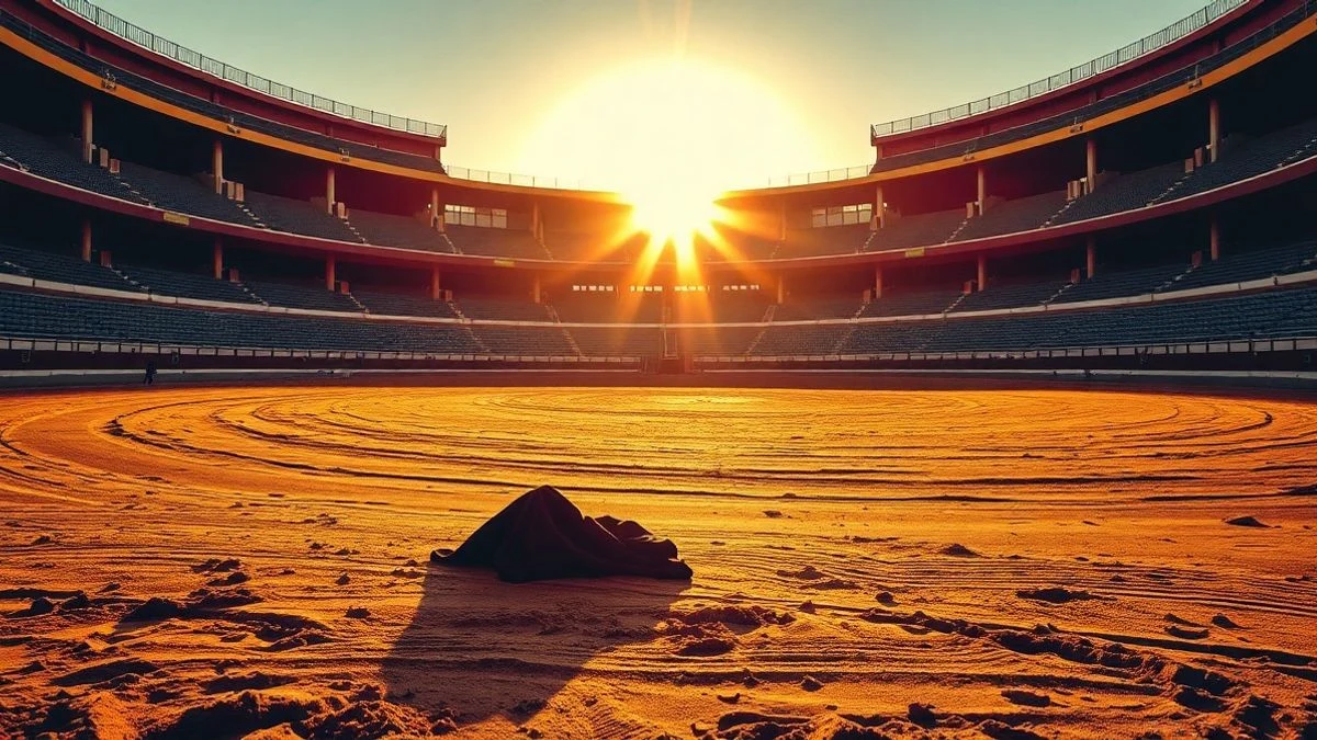 Imagen ilustrativa: un ruedo taurino vacío al atardecer, con una muleta sobre la arena y sombras largas.