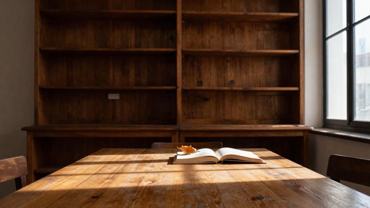 Imagen ilustrativa: un libro abierto sobre una mesa de madera en una sala de lectura con estanterías antiguas y luz de tarde