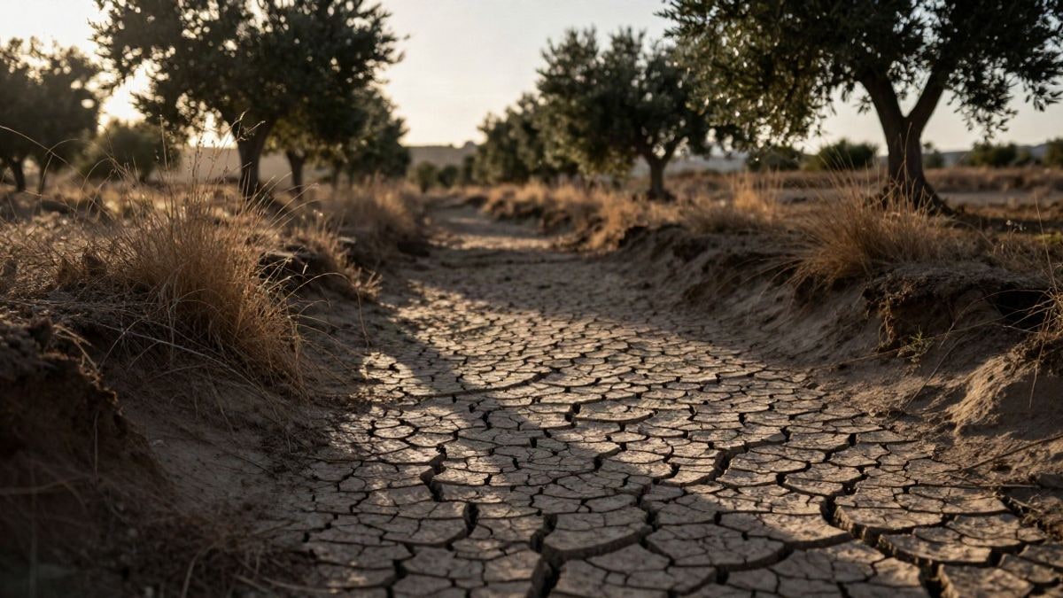 Imagen ilustrativa: barranco seco al atardecer con sombras largas sobre la tierra agrietada y hierba en contraluz