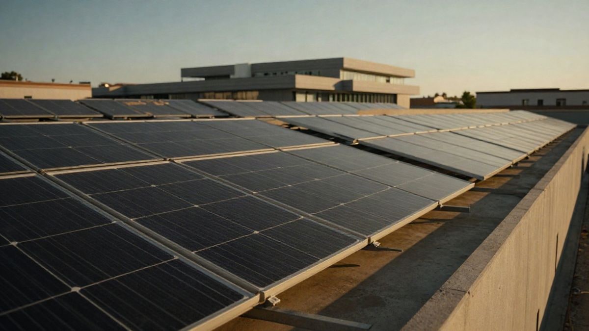 Imagen ilustrativa: paneles solares sobre la cubierta de un edificio público al atardecer