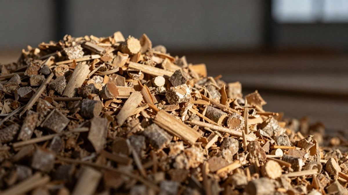 Imagen ilustrativa: montón de astillas y pellets de madera en primer plano con luz de atardecer