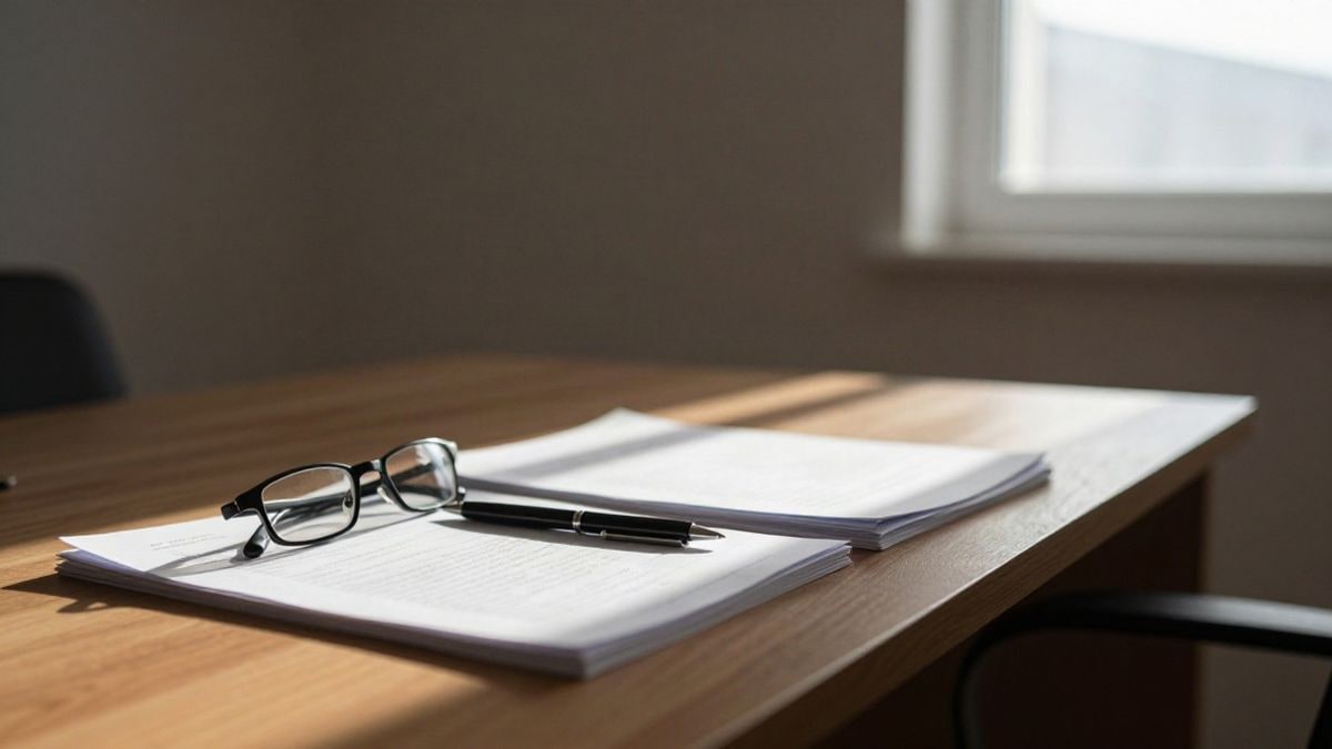 Imagen ilustrativa: escritorio de madera con documentos apilados y unas gafas de lectura junto a una ventana con luz natural