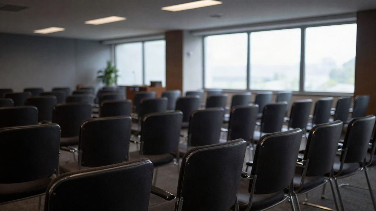 Imagen ilustrativa: sala de conferencias con sillas vacías y atril con micrófono