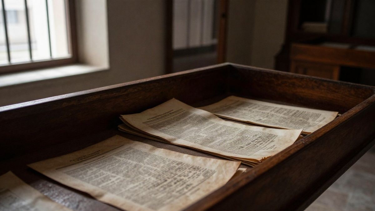Imagen ilustrativa: vitrina con manuscritos y recortes de prensa antiguos en una sala de museo con luz lateral