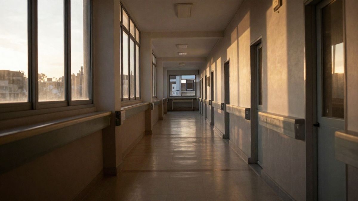 Imagen ilustrativa: pasillo vacío de un edificio sanitario al atardecer, con sombras largas y luz de contraluz
