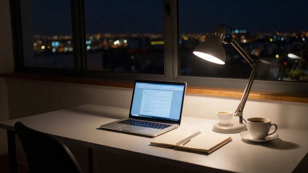 Imagen ilustrativa: escritorio de redacción vacío de noche con luz artificial
