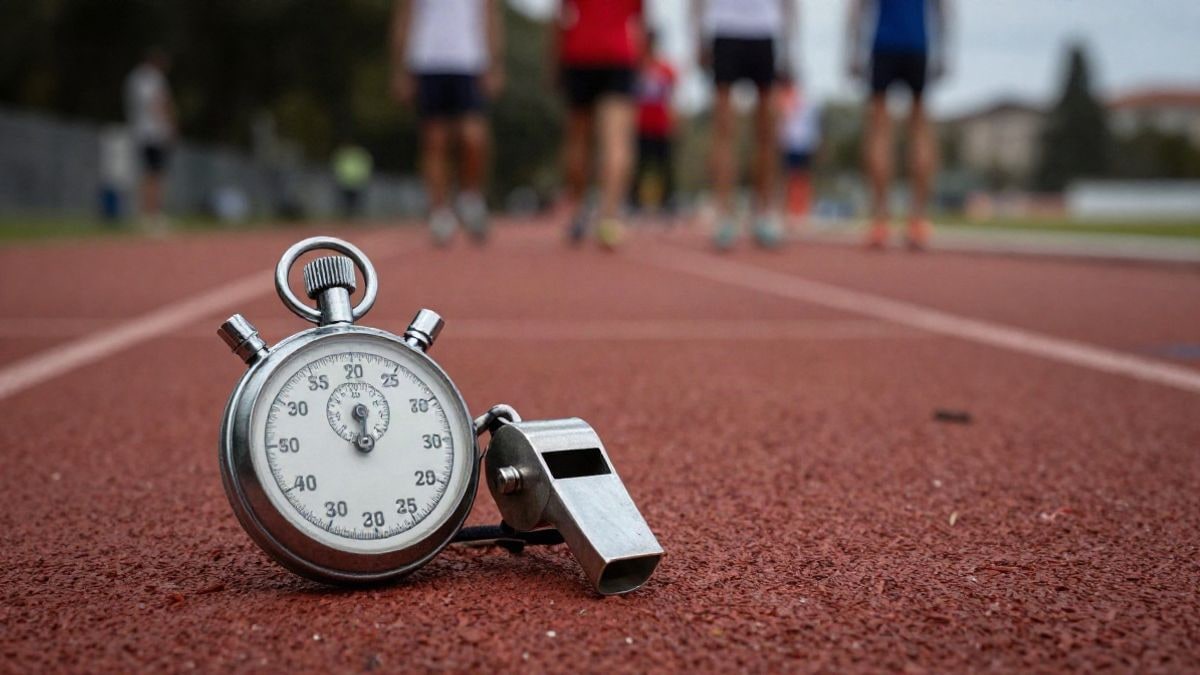 Imagen ilustrativa: cronómetro y silbato sobre una pista de atletismo con zapatillas infantiles al fondo