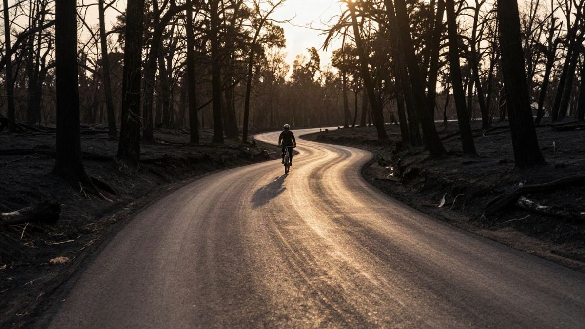 Imagen ilustrativa: carretera entre un bosque quemado al atardecer, con sombras largas y un ciclista de espaldas en la distancia