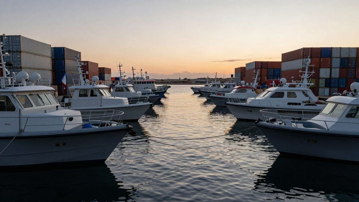 Imagen ilustrativa: vista angular de un puerto genérico al atardecer con embarcaciones y contenedores