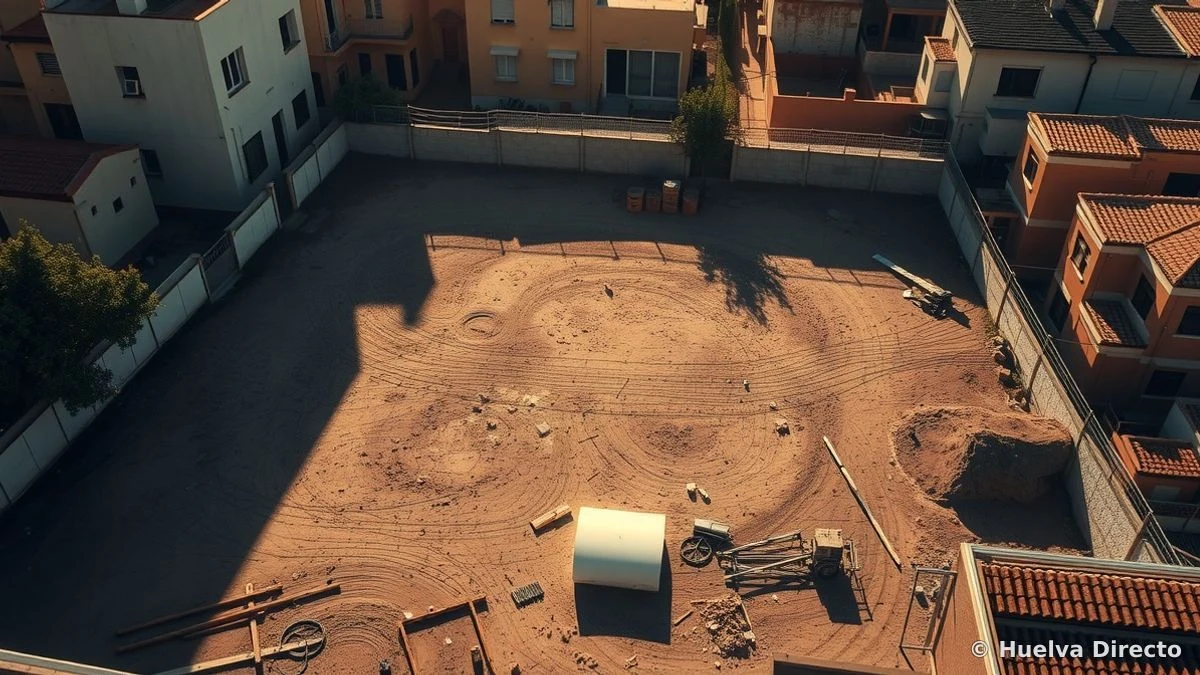 Vista cenital de un solar vacío con planos de construcción y cinta métrica