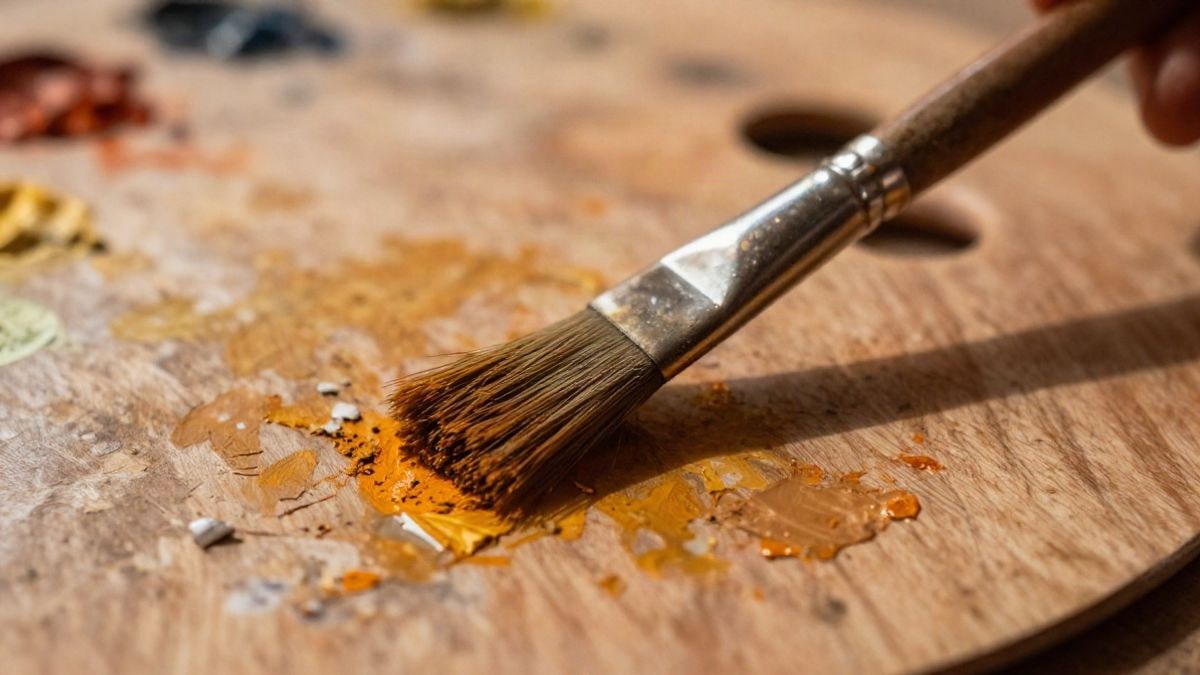 Imagen ilustrativa: primer plano de un pincel con pintura ocre sobre una paleta de madera, con luz cálida de tarde