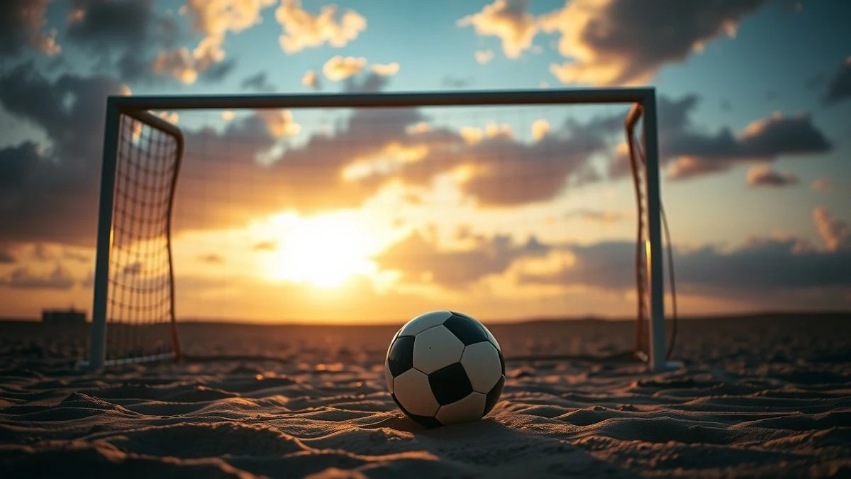 Imagen ilustrativa: una portería de fútbol playa con un balón en primer plano sobre la arena al atardecer