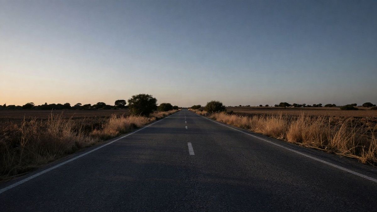 Imagen ilustrativa: camino rural al atardecer con hierba seca y sombras alargadas