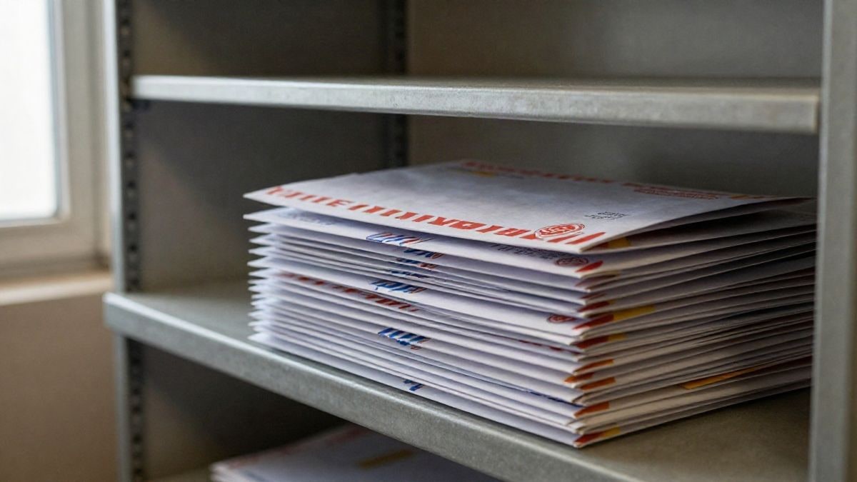 Imagen ilustrativa: pila de cartas y paquetes sobre una estantería metálica en una oficina de correos