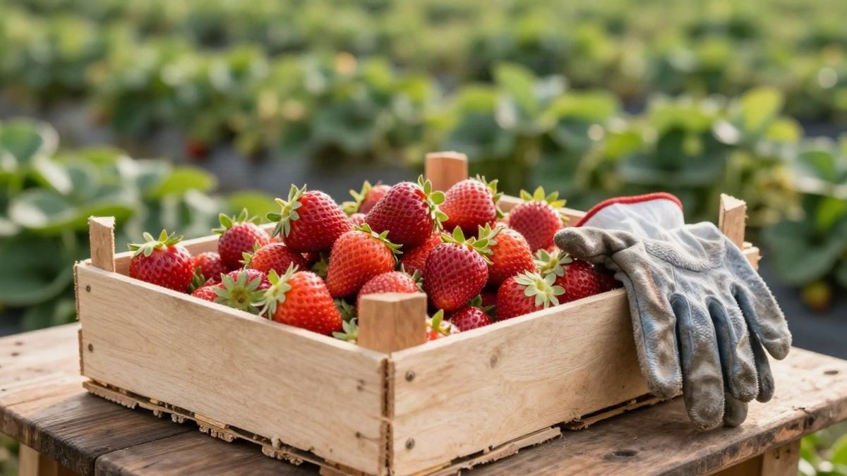 Imagen ilustrativa: caja de madera con fresas recién recogidas y guantes de trabajo sobre una mesa rústica en un campo soleado
