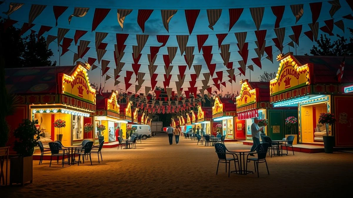 Imagen ilustrativa: un recinto ferial al atardecer con casetas decoradas con luces y flores, sin personas visibles.