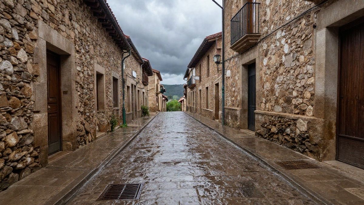 Imagen ilustrativa: calle estrecha de un pueblo tras una fuerte lluvia, con agua corriendo por el suelo