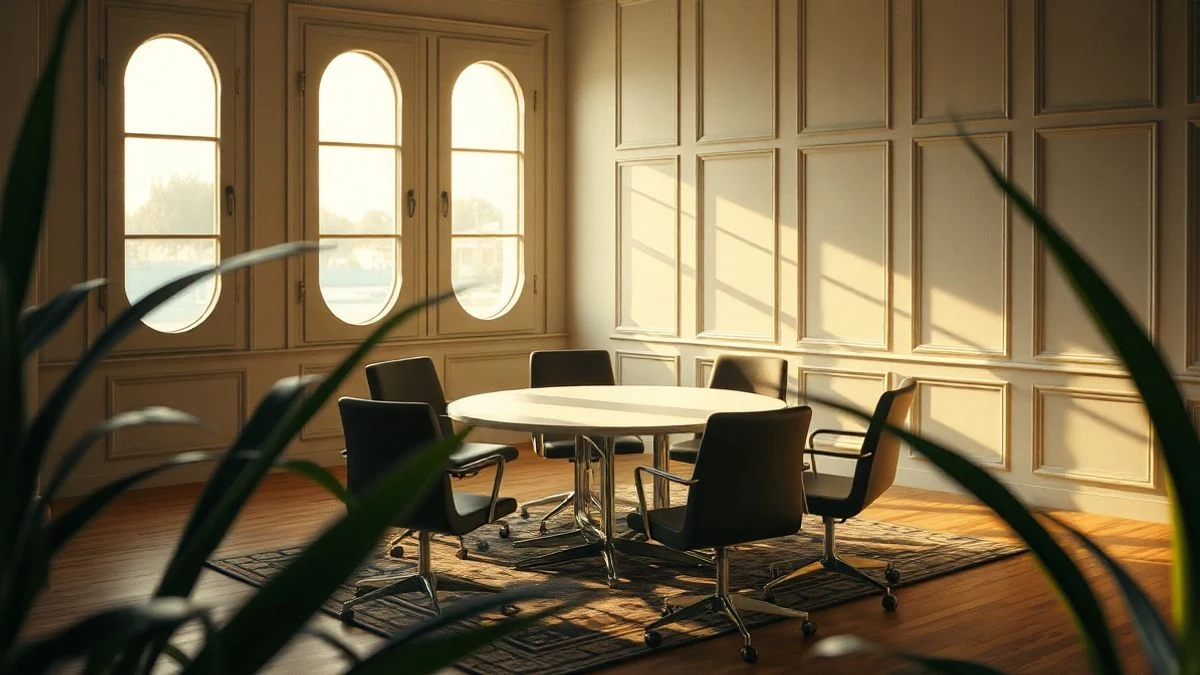 Sala de reuniones vacía con mesa redonda y sillas, iluminada por luz lateral de ventana