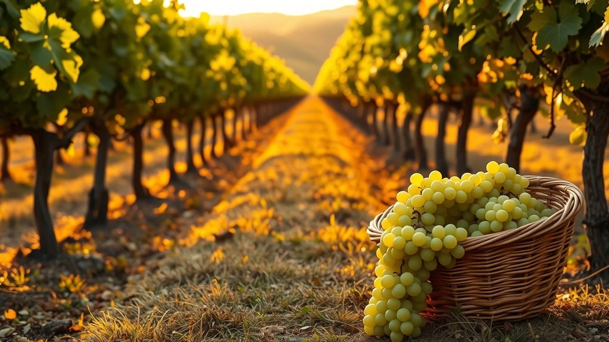 Imagen ilustrativa: una cesta de mimbre con uvas verdes en un viñedo al atardecer, con hileras de vides que se pierden en el horizonte.