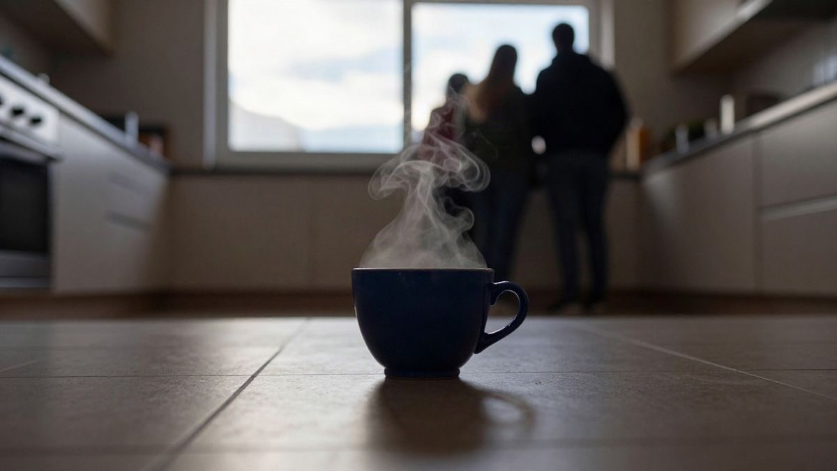 Imagen ilustrativa: taza de cerámica azul con café humeante en una cocina vacía al amanecer