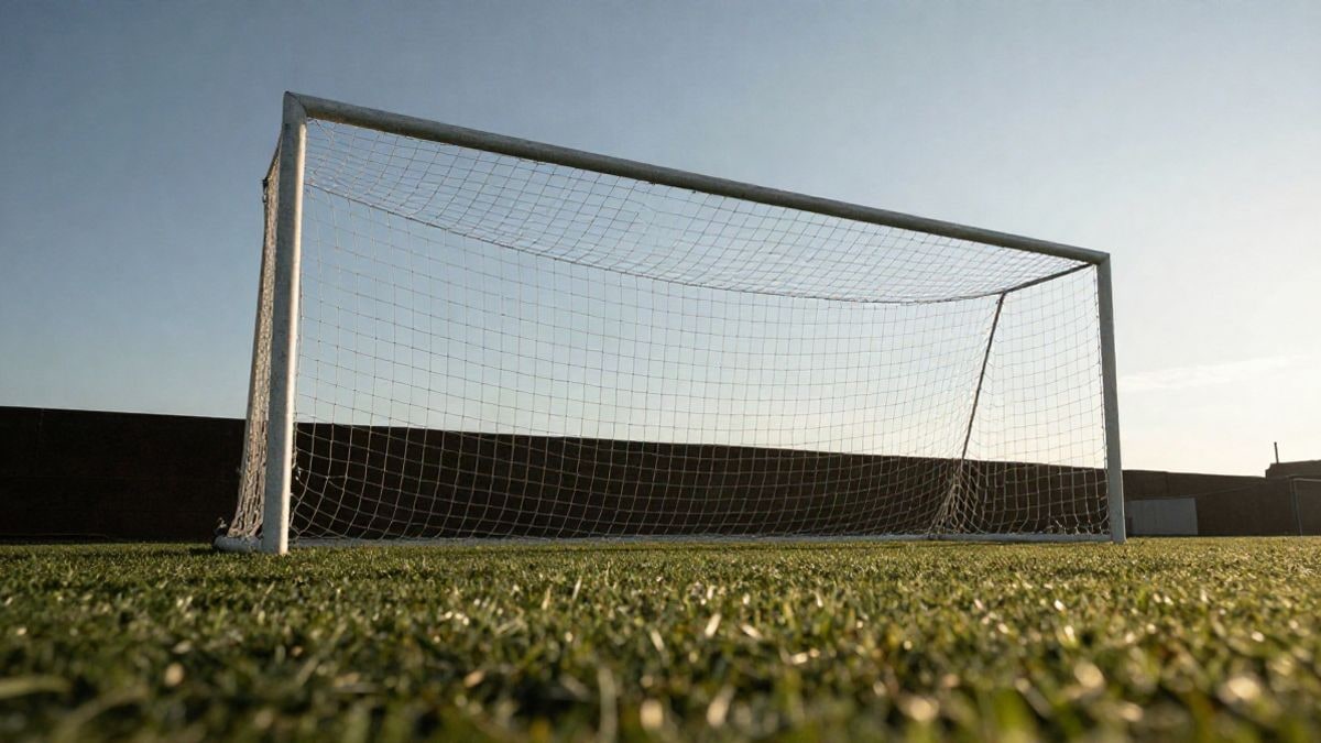 Imagen ilustrativa: portería de fútbol con la red vista desde el suelo bajo un cielo despejado