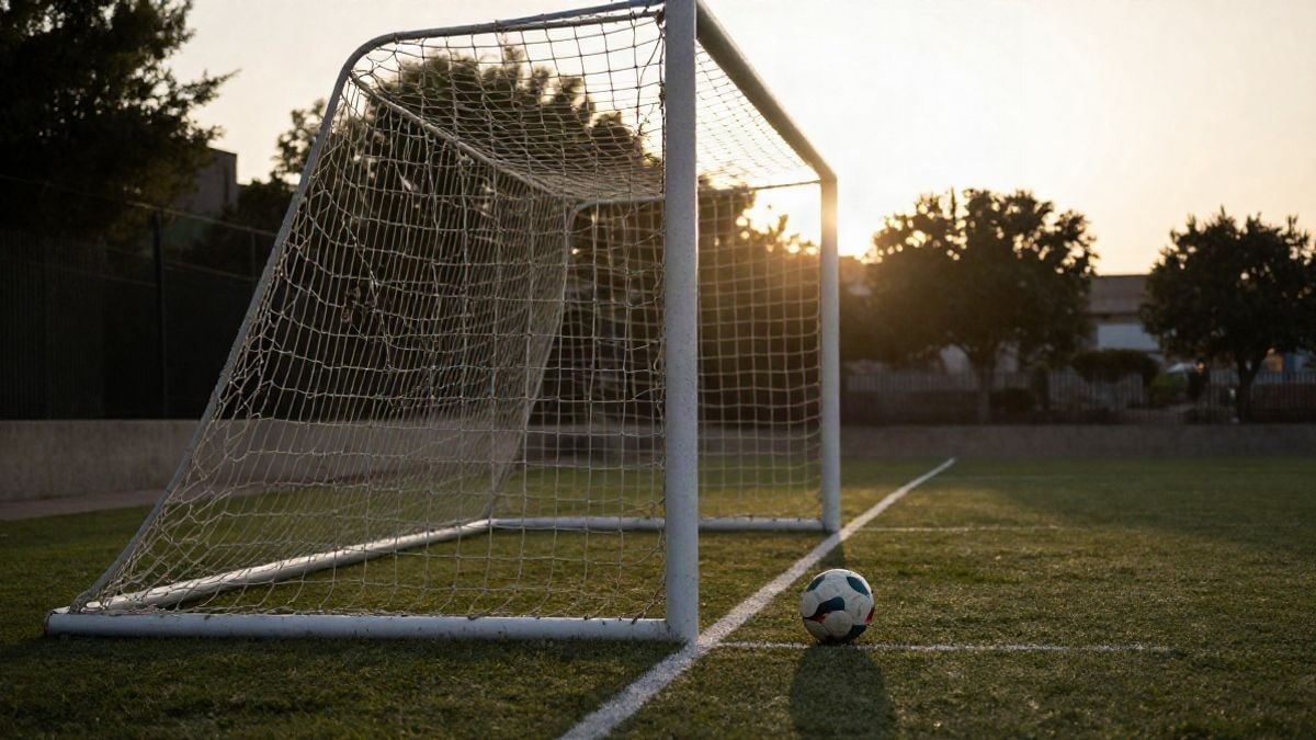 Imagen ilustrativa: portería de fútbol con balón en el punto de penalti al atardecer