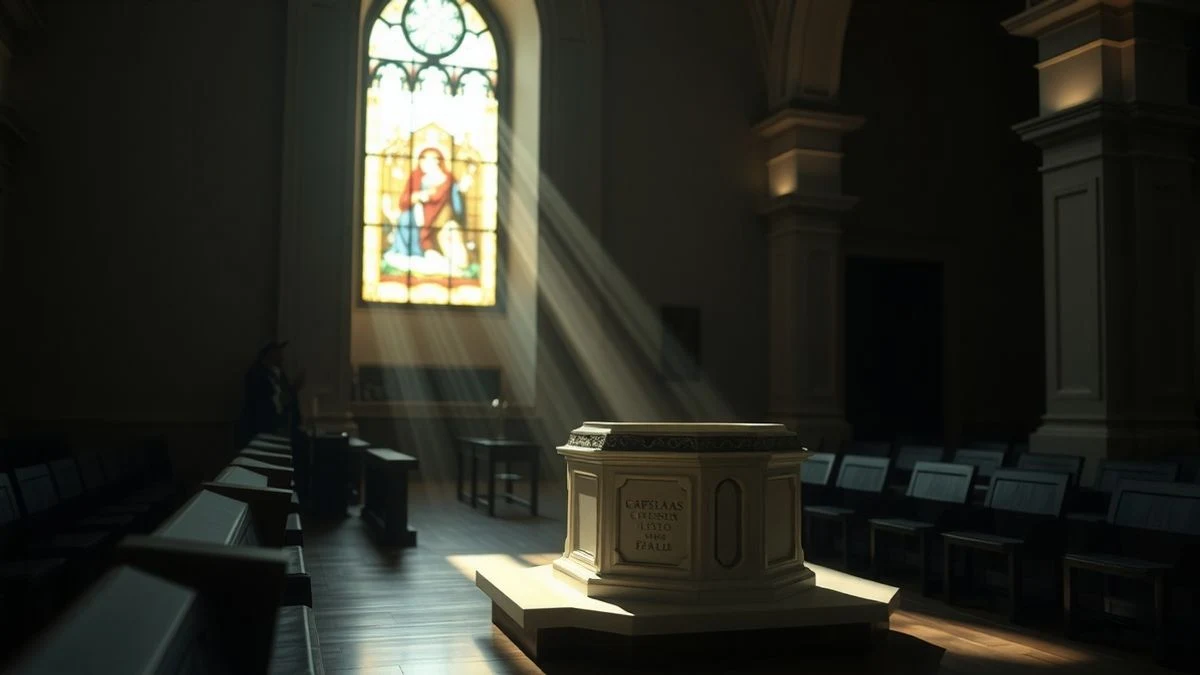 Interior de una iglesia con la pila bautismal iluminada por un haz de luz que entra por una vidriera.