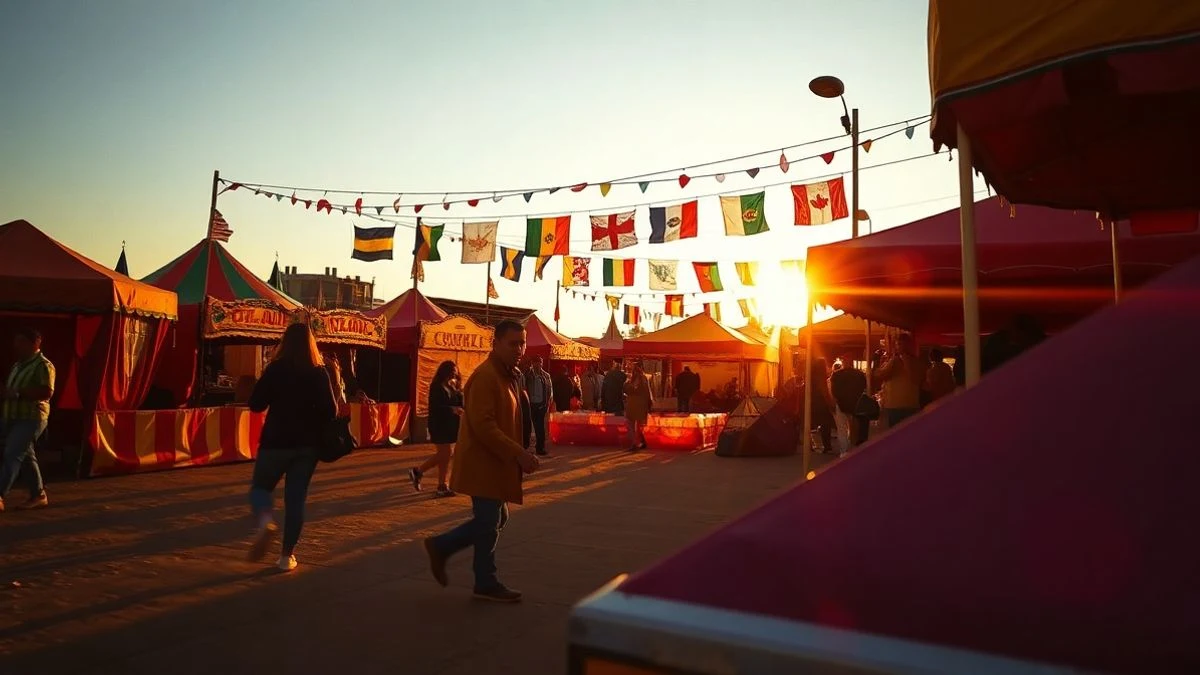 Imagen ilustrativa: recinto ferial con casetas iluminadas al atardecer, con siluetas de personas de fondo.